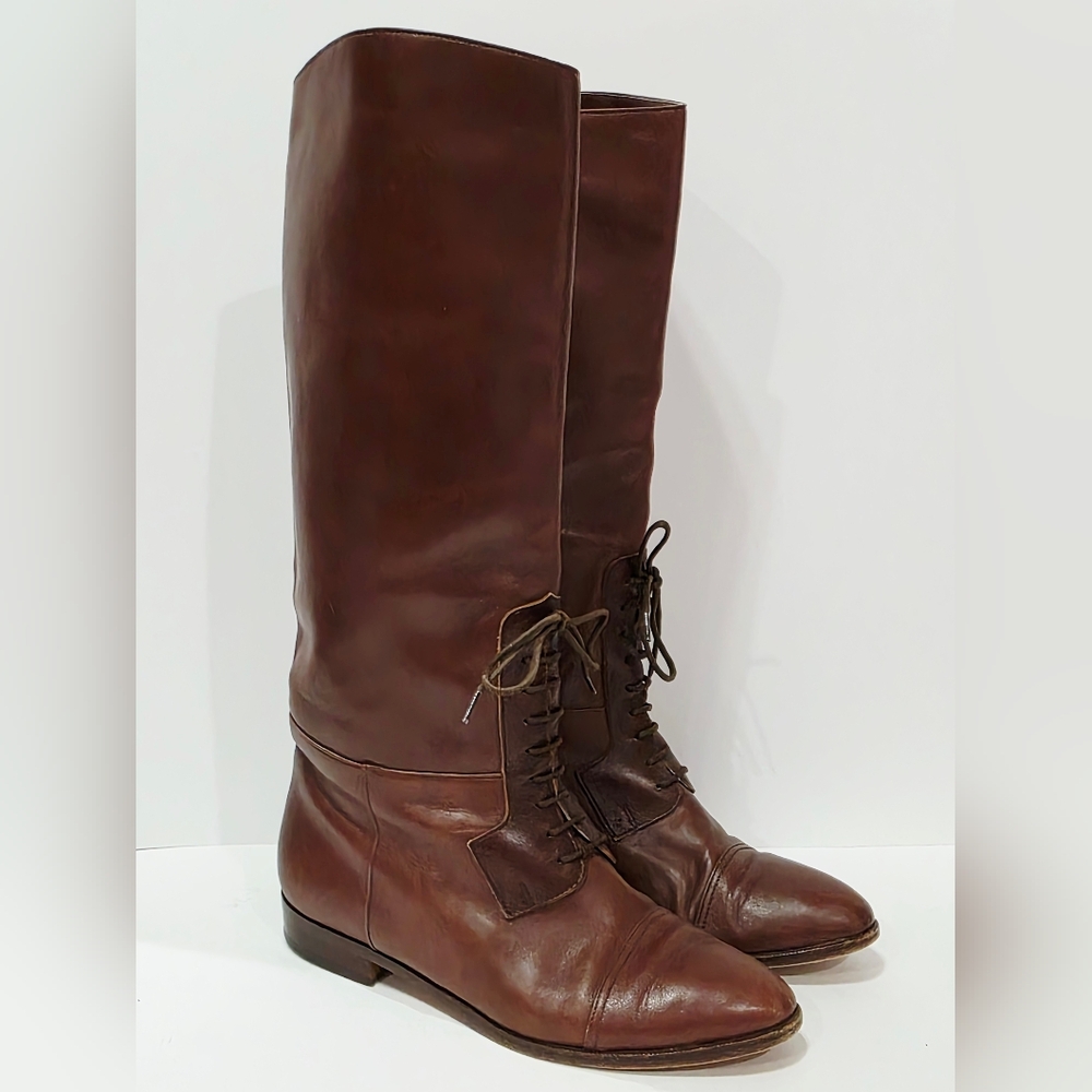 Rider-Walker London BROWN LEATHER Boot Pull-On Riding Tie Lace Italy 6.5 Used